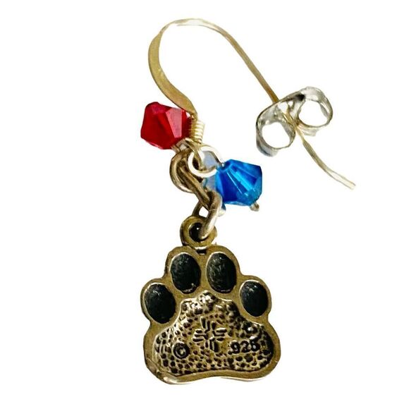 KU Just Cute Dangle Silver Paws Earrings With Red/blue accent crystals. - Picture 10 of 10